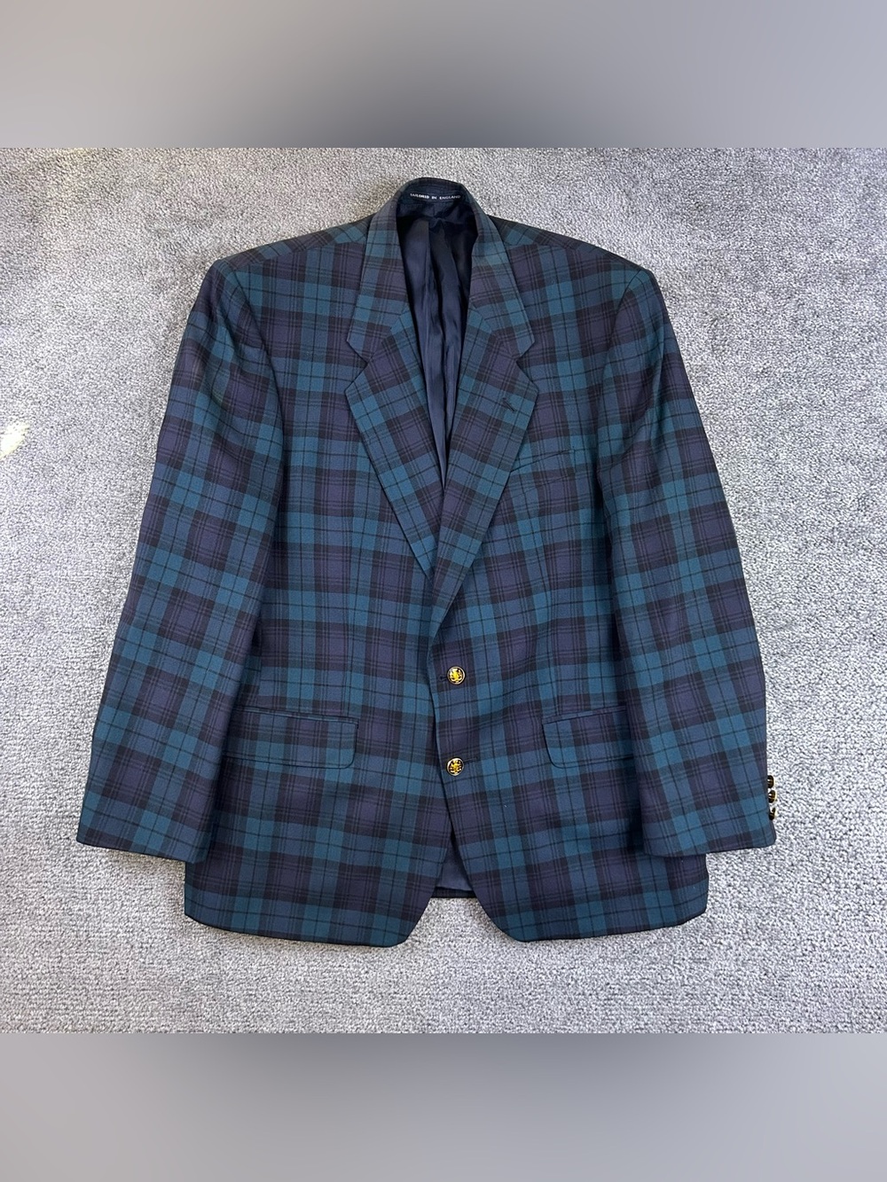 Men’s Sz 42 London Black Watch Tartan Plaid Wool Blazer Jacket Gold Crest Cuffs